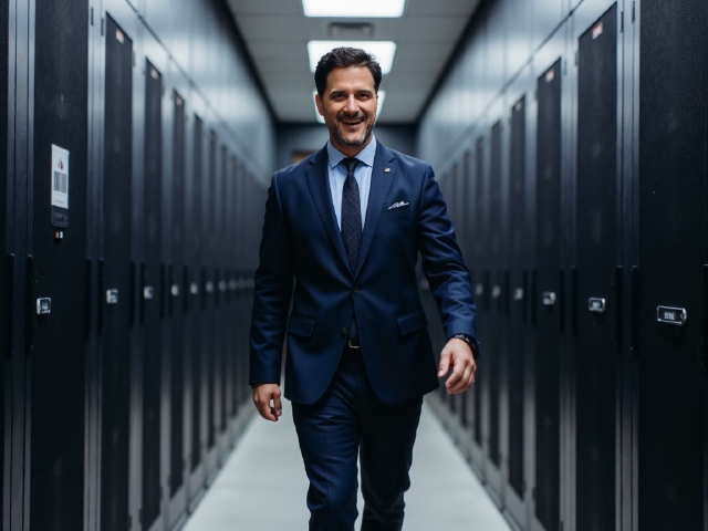 Mario Duhanic in a tuxedo in a datacenter